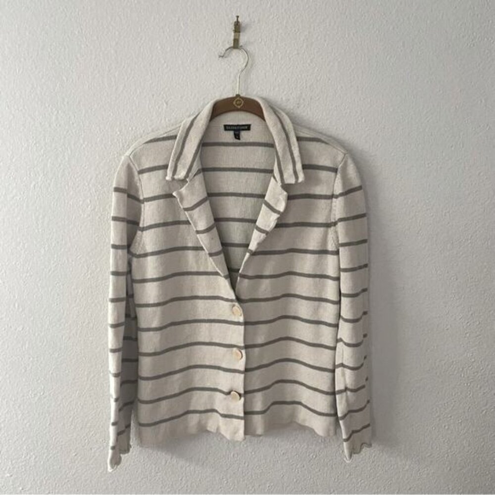 Eileen Fisher Grey & Cream Striped Cropped Sweater Jacket